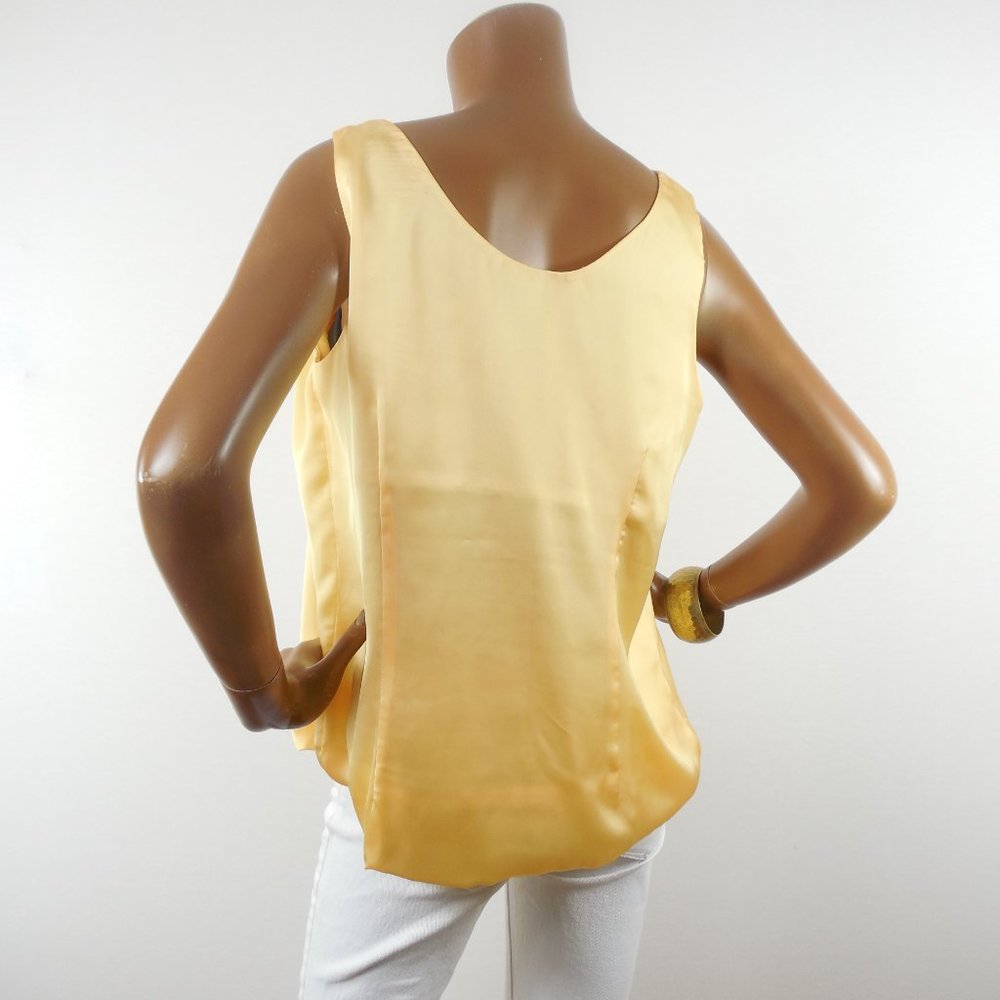 PIANO Top L Yellow Silky Blouse Ruffle Trim Draped Hem Pleats Sleeveless Shirt - Picture 7 of 9